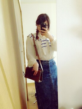 「アイテム（デニムスカート、ブルー系）」を使った、sakieさん（レディース・152cm）の春コーディネート