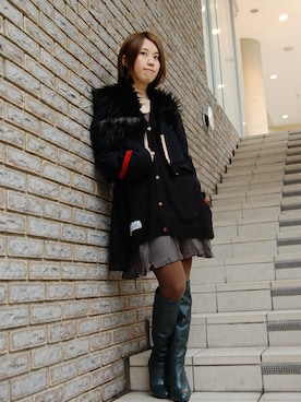 「RehersalL（リハーズオール）のアイテム（ノーカラージャケット）」を使った、chaosbohemiaさん（レディース・156cm）の冬コーディネート