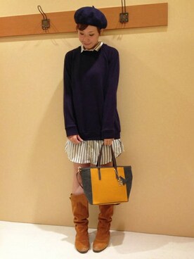 「襟付きトップス」｜「アイテム（ハンチング/ベレー帽）」を使った、やまぎしさん（レディース・165cm）の秋コーディネート