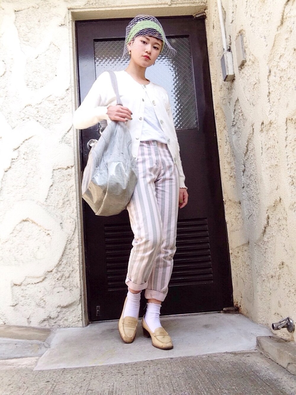 「COMME des GARCONS、BERNSTOCK SPEIRS」｜「BERNSTOCK SPEIRSのbernstockspeirsのニットキャップ（ニットキャップ/ビーニー、グリーン系）」を使った、葉月さん（レディース・151cm）の夏コーディネートの1枚目の写真
