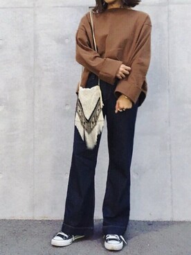 「Ray BEAMS（レイビームス）のRay BEAMS / ストレッチ デニム バギー パンツ（デニムパンツ）」を使った、HEMMY.さん（レディース・157cm）の秋コーディネート