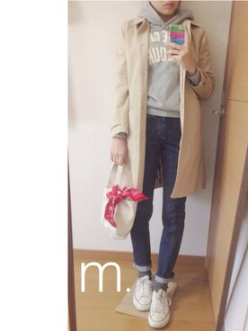 「バンダナ」｜「アイテム（ステンカラーコート）」を使った、m.さん（レディース・162cm）の春コーディネート