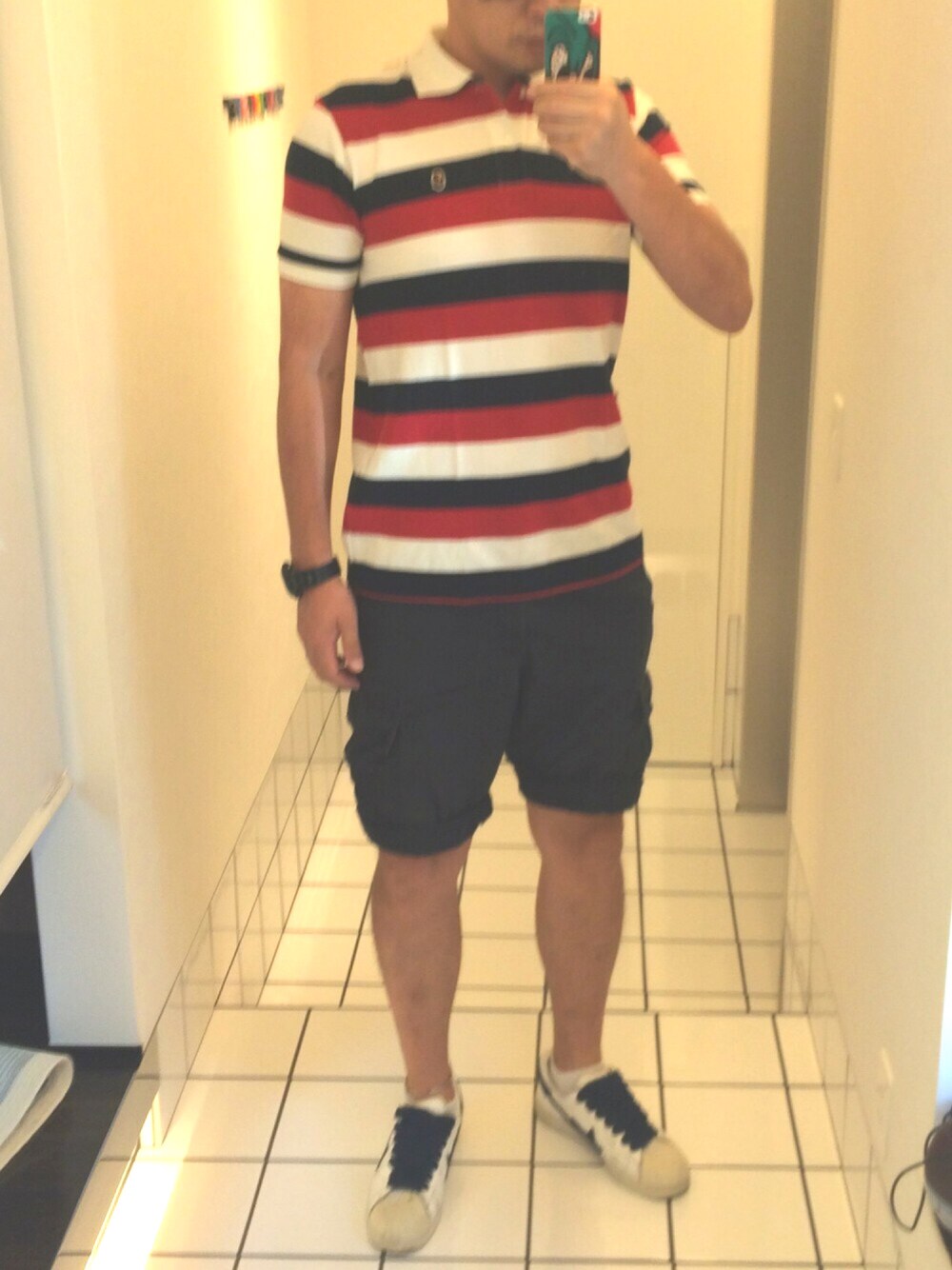 「A BATHING APE、UNIQLO」｜「A BATHING APEのアイテム（スニーカー、ホワイト系）」を使った、流山ＲＥＤＳさん（メンズ・180cm）の夏コーディネートの1枚目の写真