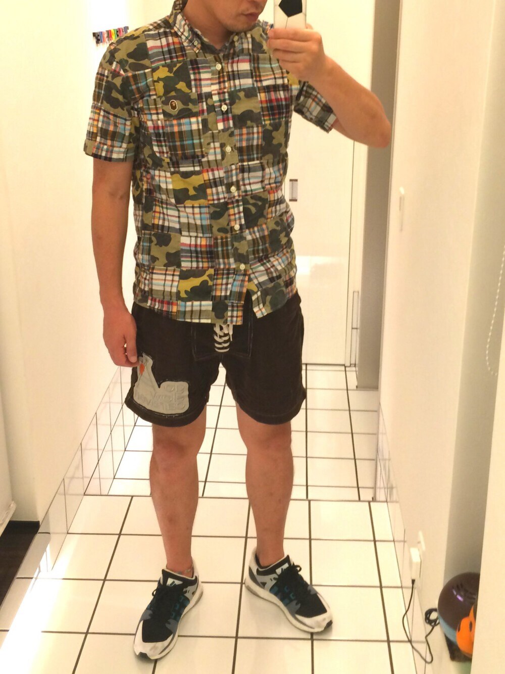「A BATHING APE、go slow caravan、adidas、adidas originals、boost」｜「A BATHING APEの1ST CAMO PATCHWORK BD S/S SHIRT（シャツ/ブラウス、グリーン系）」を使った、流山ＲＥＤＳさん（メンズ・180cm）の夏コーディネートの1枚目の写真
