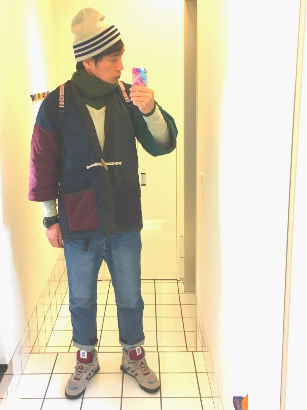 「adidas、go slow caravan、チャイハネ、GRAMICCI、adidas originals by nigo、G-SHOCK、ALDIES、A BATHING APE」｜「adidasのアイテム（ニットキャップ/ビーニー、グレー系）」を使った、流山ＲＥＤＳさん（メンズ・180cm）の秋コーディネートの1枚目の写真