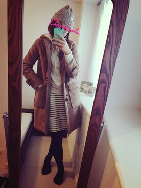 「ボーダースカート」｜「アイテム（ダッフルコート）」を使った、nanakoさん（レディース・163cm）の冬コーディネート