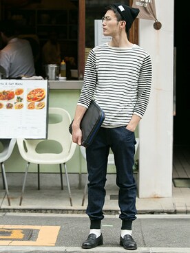 Ur 7分リネンボーダーニットを使ったメンズ人気ファッションコーディネート Wear