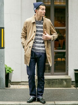 「ベージュのコート」｜「アイテム（ステンカラーコート）」を使った、kondoさん（メンズ・180cm）の冬コーディネート