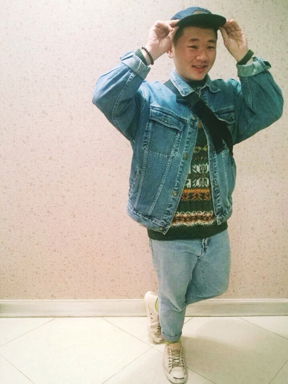 「used、converse、LEE、Dickies、NET」｜「NETのCoat（デニムジャケット、ブルー系）」を使った、Gaudyさん（メンズ・168cm）の春コーディネートの1枚目の写真