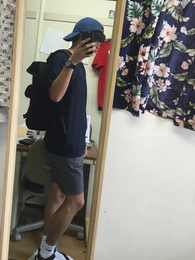 「古着のアイテム（キャップ、ブルー系）」を使った、ポンチョさん（メンズ・169cm）の夏コーディネート