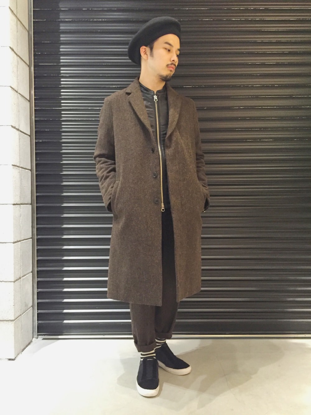 「秋のコーデ、HARE、ハレ、ハレ(HARE)、ootd、秋、セットアップ、尾州、ツイードコート」｜「HAREのフェルトベレー(HARE)（ハンチング/ベレー帽、ブラック系）」を使った、Morikawaさん（メンズ・160cm）の秋コーディネートの1枚目の写真