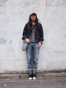 「45R（フォーティファイブアール）のアイテム（デニムジャケット）」を使った、Monsha Wongさん（レディース・160cm）の春コーディネート
