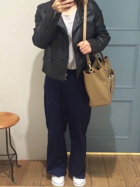「ローリーズファーム(LOWRYS FARM)」｜「アイテム（ライダースジャケット）」を使った、ka☺︎さん（レディース・153cm）の秋コーディネート