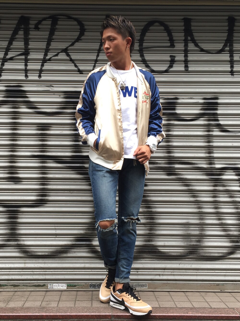 「DOWBL、NIKE、lightning bolt」｜「DOWBLのアイテム（ジャケット/アウター、ゴールド系）」を使った、TAISEIさん（メンズ・171cm）の春コーディネートの1枚目の写真