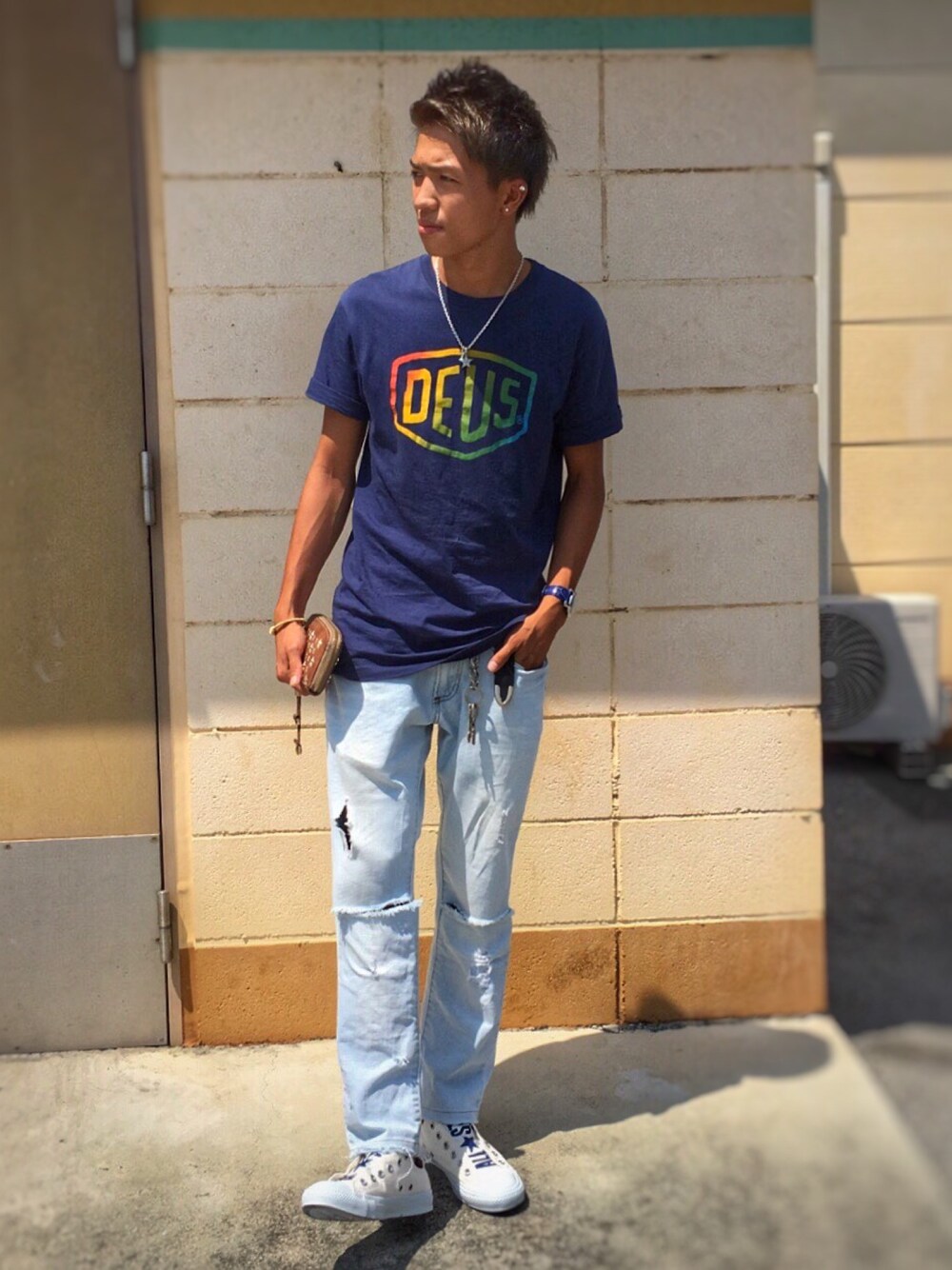 「DOWBL、DEUS EX MACHINA、ZARA、コンバース」｜「DEUS EX MACHINAの▼【予約】DEUS EX MACHINA / PSYCHE TEE（Tシャツ/カットソー、ブルー系）」を使った、TAISEIさん（メンズ・170cm）の夏コーディネートの1枚目の写真