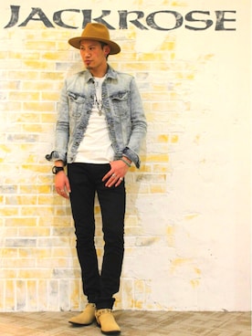 「JACKROSE（ジャックローズ）のハイパーストレッチ立体加工カラーパンツ（デニムパンツ）」を使った、tsubasa183さん（メンズ・178cm）の冬コーディネート