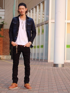 「JACKROSE（ジャックローズ）のハイパーストレッチ立体加工カラーパンツ（デニムパンツ）」を使った、tsubasa183さん（メンズ・177cm）の夏コーディネート