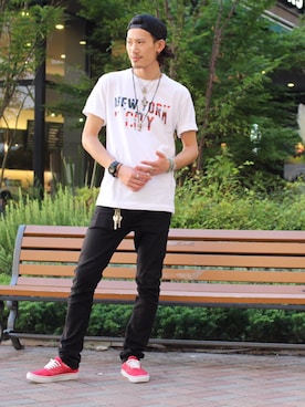 「JACKROSE（ジャックローズ）のハイパーストレッチ立体加工カラーパンツ（デニムパンツ）」を使った、tsubasa183さん（メンズ・178cm）の夏コーディネート