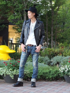 「アイテム（ライダースジャケット）」を使った、tsubasa183さん（メンズ・177cm）の夏コーディネート