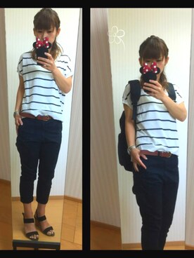 「RODEO CROWNS WIDE BOWL（ロデオクラウンズワイドボウル）のボーダー ニット Tシャツ&タンクトップ セット（Tシャツ/カットソー、ホワイト系）」を使った、miy☺︎さん（レディース・160cm）の夏コーディネート