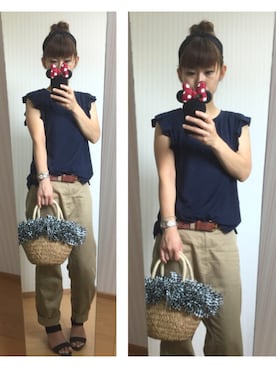 「ROPE' PICNIC（ロペピクニック）の袖プリーツフリルプルオーバー（Tシャツ/カットソー、ブルー系）」を使った、miy☺︎さん（レディース・160cm）の夏コーディネート