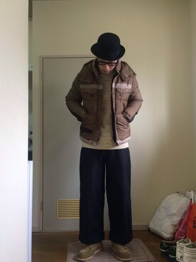 「バレンタインデートスタイル」｜「アイテム（ダウンジャケット/コート）」を使った、redramenman(元)さん（メンズ・178cm）の冬コーディネート