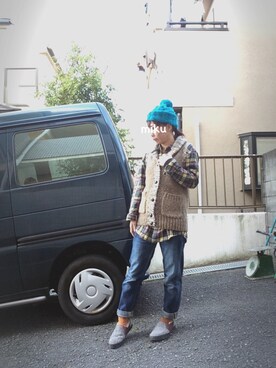 「旦那さんのを借りました」｜「アイテム（ジャケット/アウター）」を使った、**MiKU&ASU☺︎さん（レディース・148cm）の冬コーディネート