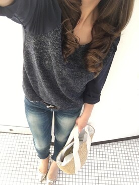 「Ungrid（アングリッド）のインディゴフレイドヘムストスリ（デニムパンツ）」を使った、min_min﻿さん（レディース・151cm）の春コーディネート