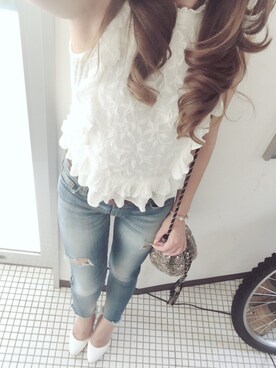 「Ungrid（アングリッド）のフレイドヘムストスリ（デニムパンツ）」を使った、min_min﻿さん（レディース・151cm）の夏コーディネート