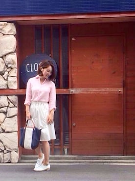 「UNIQLO（ユニクロ）のアイテム（シャツ/ブラウス、ピンク系）」を使った、kaoriさん（レディース）の夏コーディネート