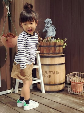 「Lee（リー）の【LEE】ボーダーロンT（Tシャツ/カットソー、ブルー系）」を使った、SERI-NAさん（キッズ・100cm）の春コーディネート