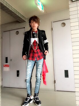 「mode」｜「アイテム（ライダースジャケット）」を使った、Ryo $himayoshiさん（メンズ・179cm）の春コーディネート