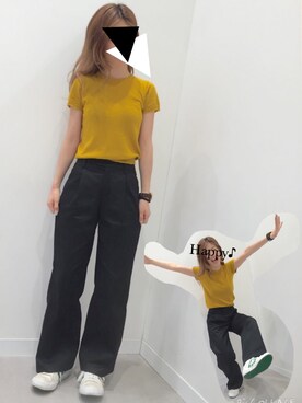 「GU（ジーユー）のアイテム（ニット/セーター、イエロー系）」を使った、SUZUさん（レディース・163cm）の秋コーディネート