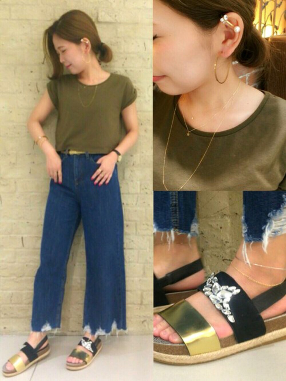 ゴールド系のサンダル、グリーン系のTシャツ/カットソー、ゴールド系のイヤリングを着用したレディースの夏コーディネートの1枚目の写真