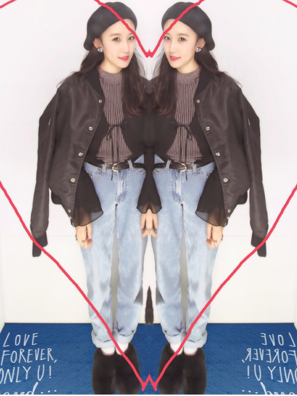 「リチャードソン、Richardson、古着、vintage、used、ファーサンダル、ベレー帽、ローリーズファーム(LOWRYS FARM)、black、pink」｜「RICHARDSONのアイテム（ジャケット/アウター、ブラック系）」を使った、yu_miさん（レディース・154cm）の冬コーディネートの1枚目の写真