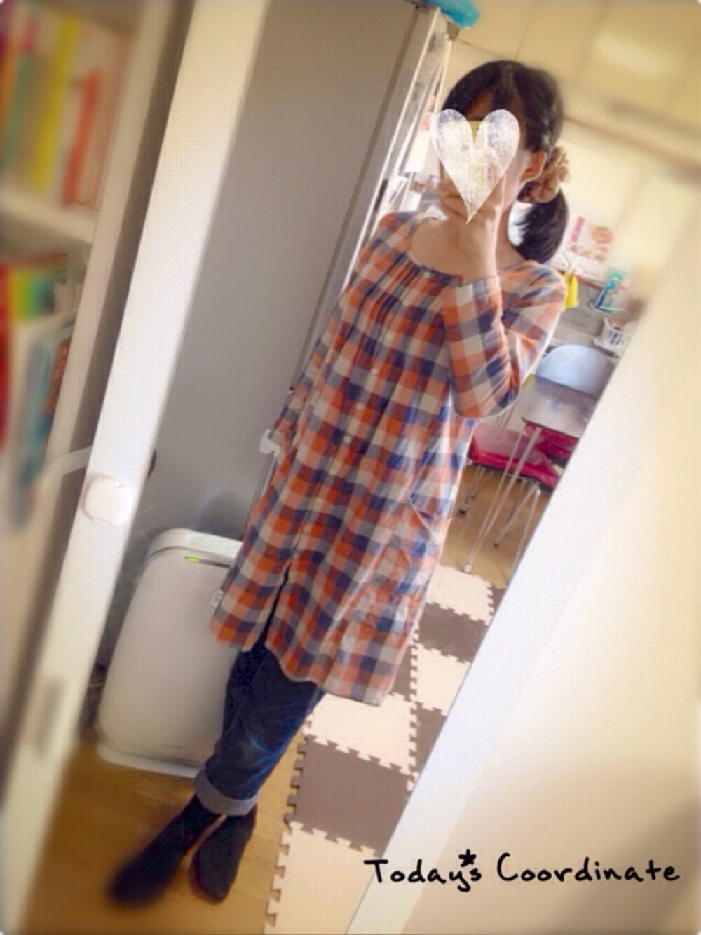 「チェック、シャツワンピ」｜「CIAOPANIC TYPYのアイテム（シャツワンピース、オレンジ系）」を使った、ゆるりさん（レディース・168cm）の秋コーディネートの1枚目の写真