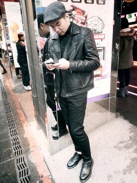 「asos（エイソス）のアイテム（ライダースジャケット）」を使った、Dafish Chenさん（メンズ・183cm）の冬コーディネート
