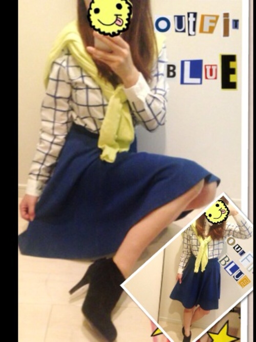 ブルー系のスカート、ブルー系のシャツ/ブラウス、ブラック系のブーティを着用したレディースの秋コーディネートの1枚目の写真