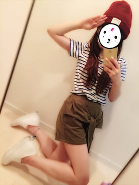 「白いスニーカー」｜「アイテム（ニットキャップ/ビーニー）」を使った、サノエリさん（レディース・153cm）の夏コーディネート