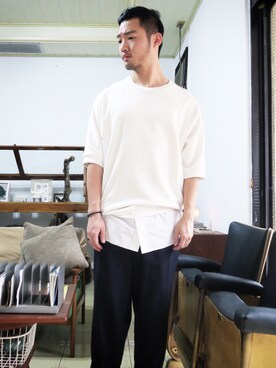 「3.1 Phillip Lim（スリーワンフィリップリム）のアイテム（スウェット、ホワイト系）」を使った、Pavel Kuoさん（メンズ・178cm）の春コーディネート