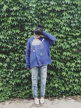 「no brand（ノーブランド）のアイテム（ニット/セーター、ブルー系）」を使った、susanさん（レディース）の春コーディネート