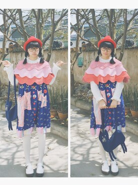「edddddddddkokoのアイテム（ポンチョ、ピンク系）」を使った、susanさん（レディース）の春コーディネート