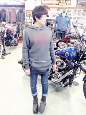 「Harley-Davidson（ハーレーダビッドソン）のアイテム（ブーツ）」を使った、hakkaさん（レディース・152cm）の冬コーディネート