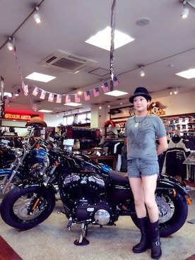 「Harley-Davidson（ハーレーダビッドソン）のアイテム（ブーツ）」を使った、hakkaさん（レディース・152cm）の夏コーディネート
