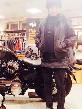 「ハーレーダビッドソン」｜「アイテム（ライダースジャケット）」を使った、hakkaさん（レディース・152cm）の冬コーディネート