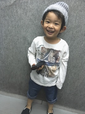 「ZARA KIDSのアイテム（Tシャツ/カットソー、ホワイト系）」を使った、yu.nao.hiroさん（キッズ）の夏コーディネート