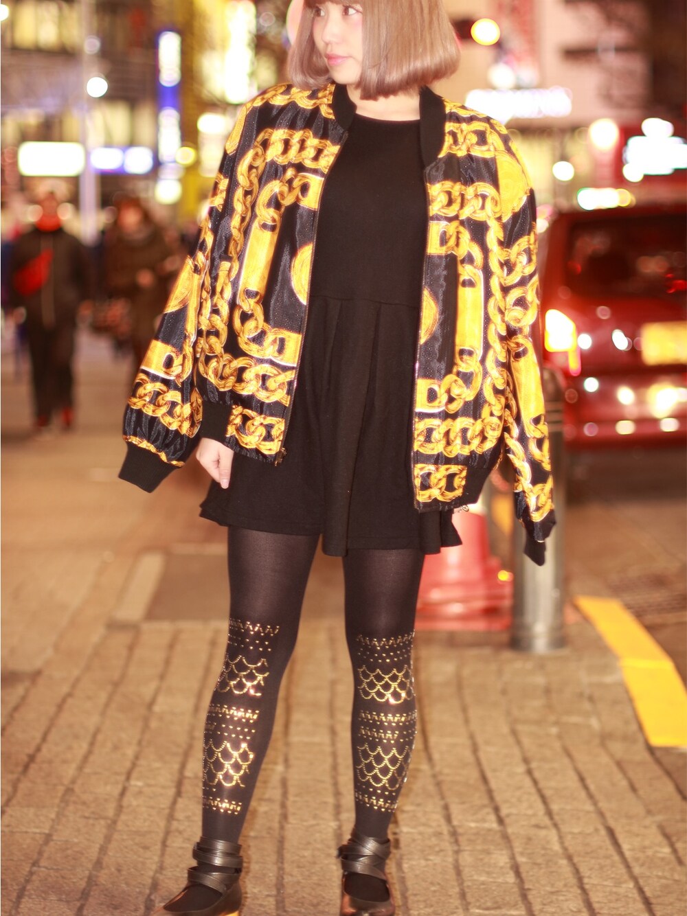 「Tights、Pocoapoco、ぽこあぽこ、タイツ、スタッズ、studs、gold chain」｜「Bebaroqueのアイテム（タイツ/ストッキング、ブラック系）」を使った、ぽこあぽこスタッフさん（レディース・153cm）の冬コーディネートの1枚目の写真