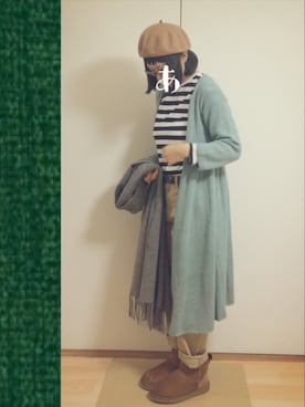 「旦那さんのを借りました」｜「アイテム（ハンチング/ベレー帽）」を使った、apiさん（レディース・156cm）の冬コーディネート
