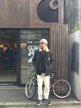「Carhartt WIP（カーハートダブリューアイピー）のアイテム（帽子）」を使った、SUWMANさん（メンズ・178cm）の冬コーディネート
