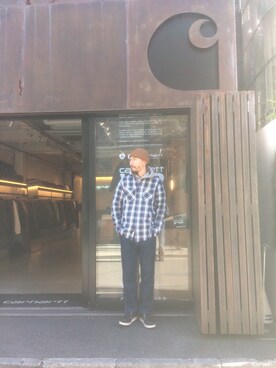 「Carhartt WIP（カーハートダブリューアイピー）のアイテム（帽子）」を使った、SUWMANさん（メンズ・178cm）の冬コーディネート
